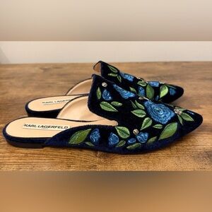 Karl Lagerfeld Navy Velvet Floral Embroidered Slip-On Mules with Blue Flowers